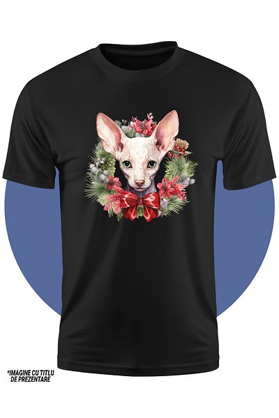 StoryGift Romania Tricou Copii Cu O Pisica Sfinx Serioasa, Ilustratie, Funda, Flori, Vasc, Brad, Frunze, Cor