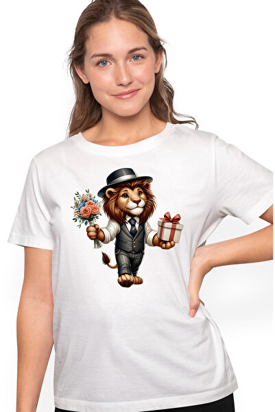 StoryGift Romania Tricou Femei Cu Un Leu Care Tine Un Buchet Cu Flori Si Un C...