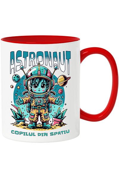 StoryGift Romania Cana Cu Copil In Costum De Astronaut In Spatiu Text In Limba Romana , Ceramica, , Cu Maner Rosu Stg