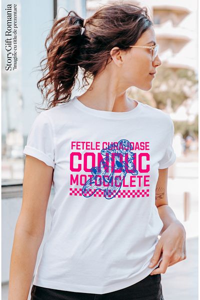 StoryGift Romania Tricou Femei Fetele Curajoase Conduc Motociclete Viteza Motor Cu Imprimeu Pe Fat Wht_l