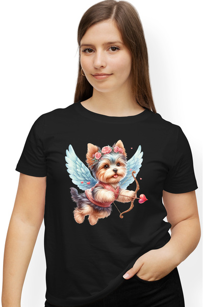 StoryGift Romania Tricou Femei Cu Un Catel Vesel Care Trage Cu Arcul, Ilustratie, Aripi, Zboara, A Blk_l