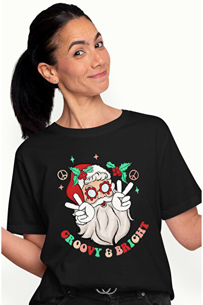 StoryGift Romania Tricou Femei Cu Mos Craciun Cu Mesajul "groovy & Bright", C...