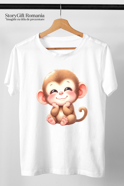 StoryGift Romania Tricou Femei cu o maimutica vesela, ilustratie, natura, copilarie, jungla, copac WHT_L