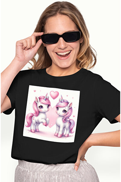 StoryGift Romania Tricou Femei Cu 2 Unicorni, Ilustratie, Inimioare, Bucurie,...