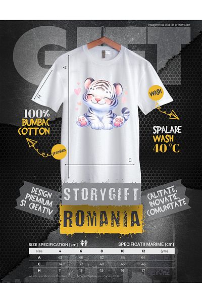 StoryGift Romania Children's T-shirt with a female tiger, illustration, endangered animal, heart, care