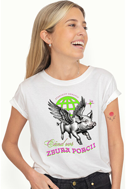 StoryGift Romania Tricou Femei Porc Zburator Text Cand Vor Zbura Porcii Cu Im...