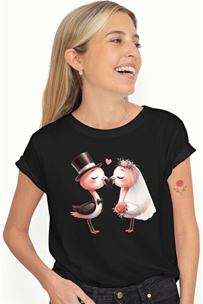 StoryGift Romania Tricou Femei Cu 2 Pasari Flamingo La Nunta, Ilustratie, Mir...