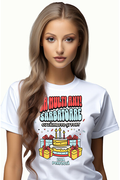 StoryGift Romania Tricou Femei La Multi Ani! Sarbatoare Cu Zambete Si Tort Cu...