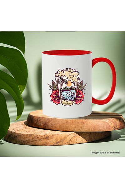 StoryGift Romania Mug With Glass, Beach, Waves, Palm Tree, Mountains, Flowers, Sun, Multicolor 330 ml, C, With ,STG