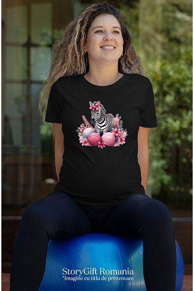 StoryGift Romania Women's T-shirt with a zebra, illustration, poppies, balls of thread, pink, white, plants, BLK_L, STG51750