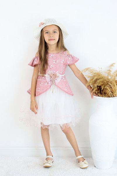 FESSHERA 🎀   Girls' Special Occasion Dress Hat and Belt Set - Floral Print, Tulle, and Hat Design 🎀