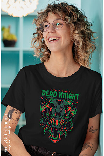 StoryGift Romania Tricou Femei Cu Sabi De Lupta, Cavaler De Noapte, Text In Engleza Deade Knight, Blk_l