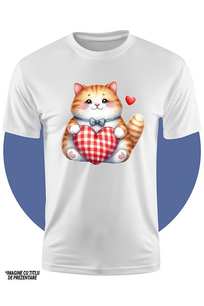 StoryGift Romania Children's T-shirt with a fat cat, orange and white fur, illustration, hearts, bow,