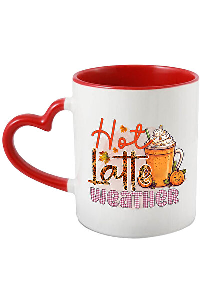 StoryGift Romania Cana Cu Mesajul "hot Latte Weather", Fierbinte, Cafea, Vreme, Toamna, Ilustratie, Cu Maner Inim Stg