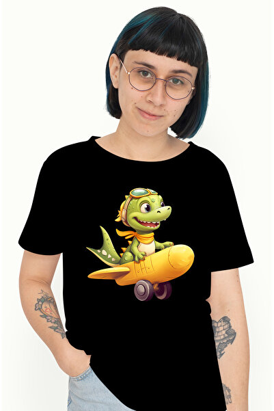 StoryGift Romania Tricou Femei Cu Un Dinozaur Verde Care Zboara Cu Avionul, I...