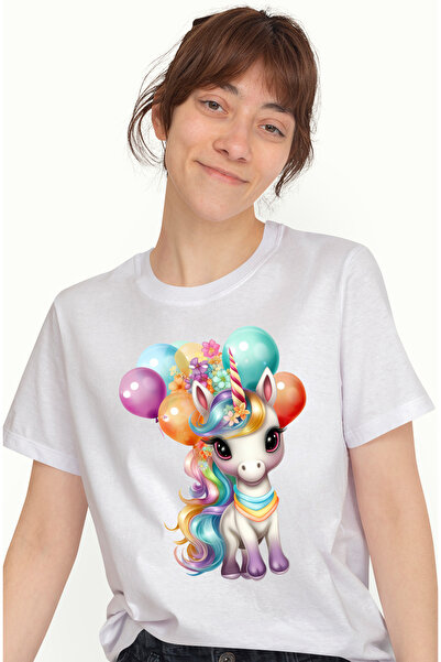 StoryGift Romania Tricou Femei Cu Un Unicorn Bucuros, Ilustratie, Baloane Divers Colorate, Florice Wht_l