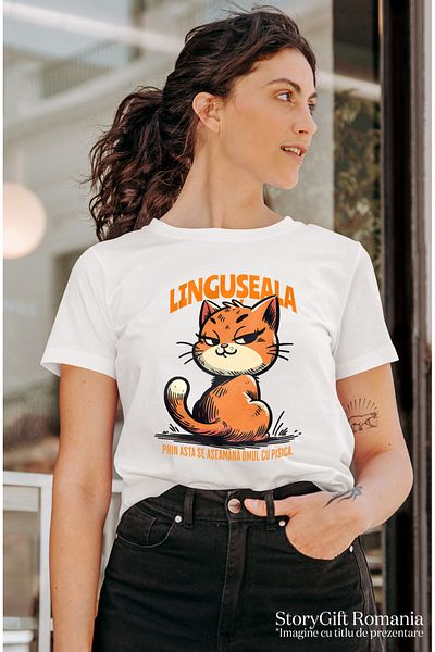 StoryGift Romania Women's T-shirt Orange Cat text LINGUSEALA with print on the Front, 100% Cotton, WHT_L, STG58558