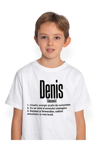 StoryGift Romania Tricou Copii Baieti Cu Numele Denis, Cu Mesaj Motivational, Creativ, Energic, Curios, Dest