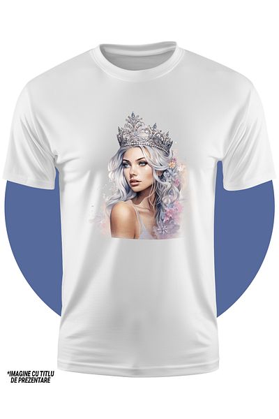 StoryGift Romania Tricou Copii Cu O Femeie Frumoasa, Ilustratie, Regina, Coroana, Floricele, Par Alb, Abstra