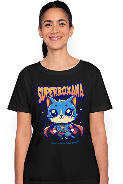 StoryGift Romania Tricou Femei Super Roxana, Supererou, Pisica Zburand, Cu Imprimeu Pe Fata, 100% Blk_l