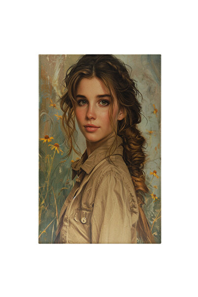 StoryGift Romania Tablou Canvas: Pictura Reală Fată Cu Coada Împletită Ca Spicul De Grâu Fundal Floral Pictura Di