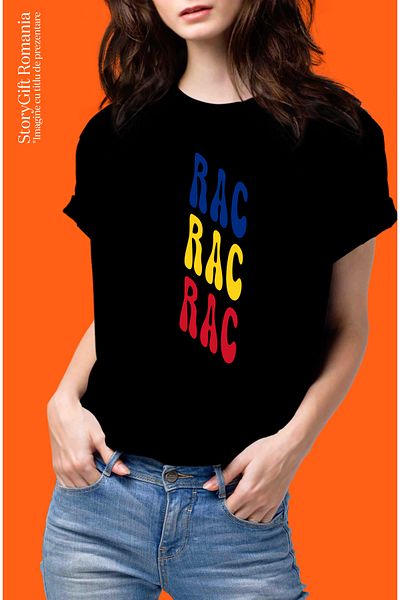 StoryGift Romania Tricou Femei Cuvantul Rac, In Culorile Steagului Romaniei, Rosu, Galben, Albastr Blk_l