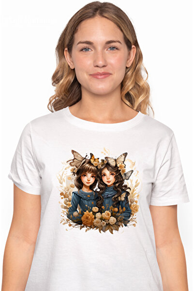 StoryGift Romania Tricou Femei cu 2 fete dragute, ilustratie, natura, fluturi...