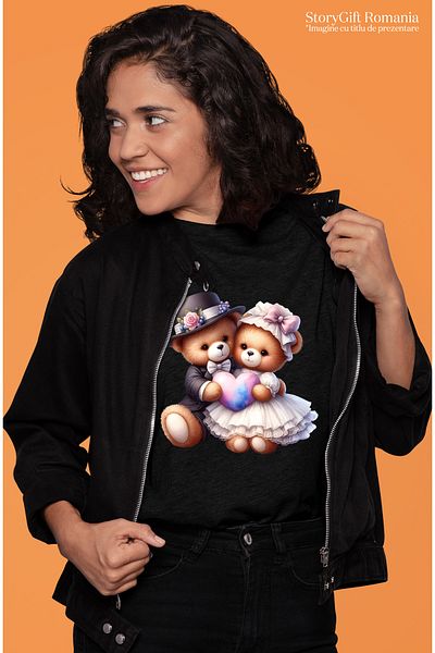 StoryGift Romania Tricou Femei Cu 2 Ursuleti De Plus Care Tin O Inima, Ilustratie, Rochie, Costum, Blk_m