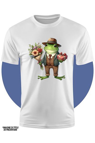 StoryGift Romania Tricou Copii Cu Un Broscoi Vesel, Ilustratie, Tine Un Buchet Cu Flori Si Un Cadou, Daruri