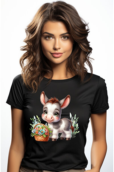 StoryGift Romania Tricou Femei Cu Un Magarus Vesel, Ilustratie, Cosulet Cu Fl...