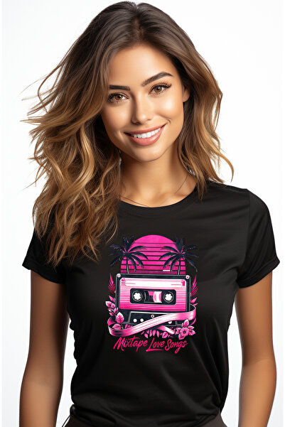 StoryGift Romania Tricou Femei Cu Mesajul "mixtape Love Songs", Ilustratie, S...