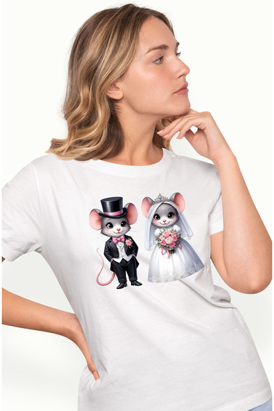 StoryGift Romania Tricou Femei Cu 2 Soareci La Nunta, Casatorie, Rochie De Mi...