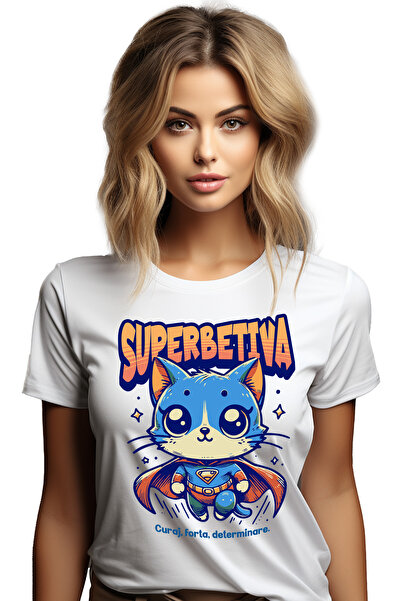 StoryGift Romania Tricou Femei Super Betiva, Supererou, Pisica Zburand, Cu Im...