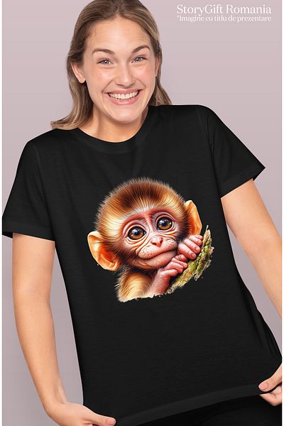 StoryGift Romania Tricou Femei Cu O Maimutica, Ilustratie, Copilarie, Grija, Sta Intr-un Copac, Oc Blk_l
