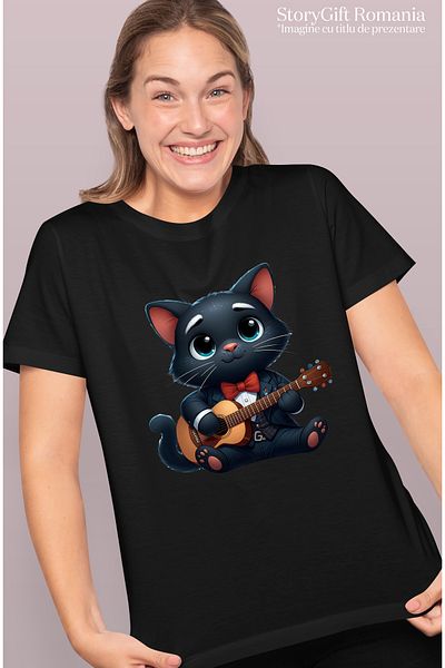 StoryGift Romania Tricou Femei cu o pisica neagra care canta la chitara, muzica, melodie, ilustrat BLK_L