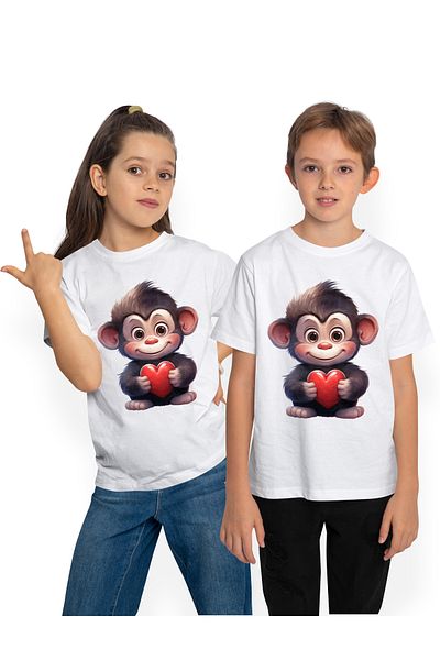 StoryGift Romania Tricou Copii Cu Un Cimpanzeu Micut Care Tine In Brate O Inima, Ilustratie, Apreciere, Recu