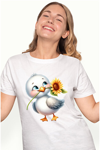 StoryGift Romania Tricou Femei Cu Un Puisor Alb Care Tine O Floare In Cioc, Ilustratie, Floarea-so Wht_l