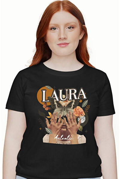 StoryGift Romania Tricou Femei Cu Numele Laura, Colaj Fata, Fluture, Flori, Cerc, Cu Imprimeu Pe Blk_l