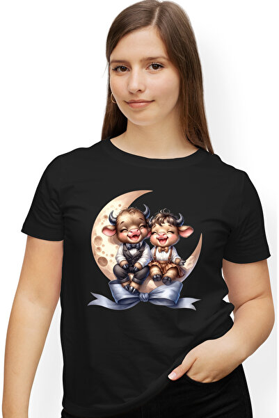 StoryGift Romania Tricou Femei Cu 2 Vacute Pe Semiluna, Ilustratie, Funda, Co...