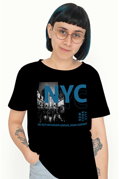 StoryGift Romania Tricou Femei Piata Times Square New York Text Nu Esti Niciodata Singur Doar Igno Blk_l