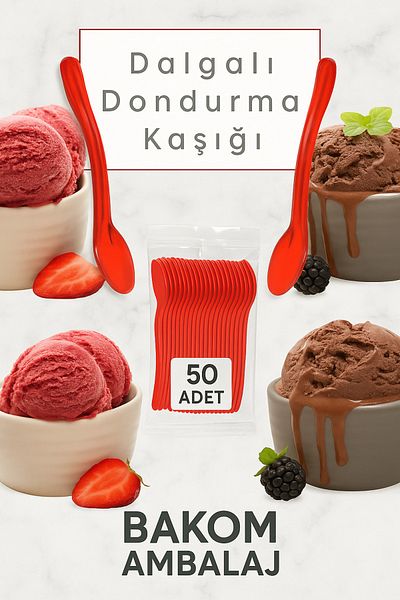 BAKOM AMBALAJ 50 Luxury Plastic Red Dessert Spoons |   Ice Cream, Halva, Pudding Presentation Spoon
