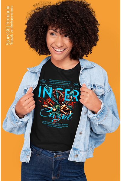 StoryGift Romania Tricou Femei Inger Cazut - Loialitate, Cu Imprimeu Pe Fata, 100% Bumbac, Negru, Blk_l