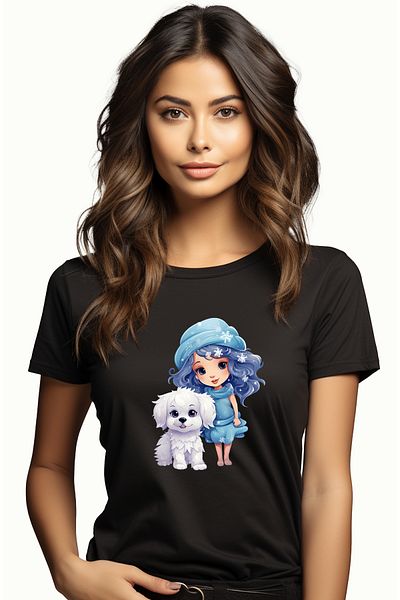 StoryGift Romania Tricou Femei Cu O Fetita Care Are Un Catel Alb, Ilustratie, Ninge, Fulgi De Nea, Blk_l
