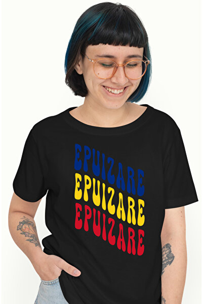 StoryGift Romania Tricou Femei Cuvantul Epuizare, In Culorile Steagului Romaniei, Rosu, Galben, Al Blk_l
