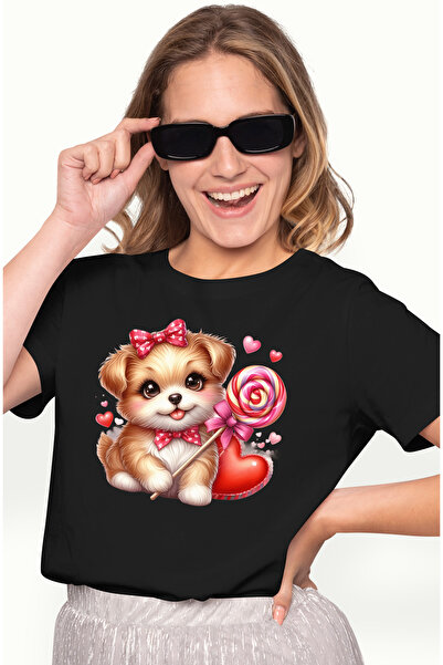 StoryGift Romania Tricou Femei Cu Un Catelus Vesel, Ilustratie, Acadea, Inimi, Apreciere, Pentru I Blk_l