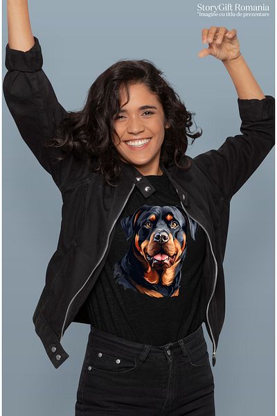 StoryGift Romania Tricou Femei Cu Un Caine Rottweiler, Ilustratie, Curios, Bucuros, Jucaus, Priete Blk_l