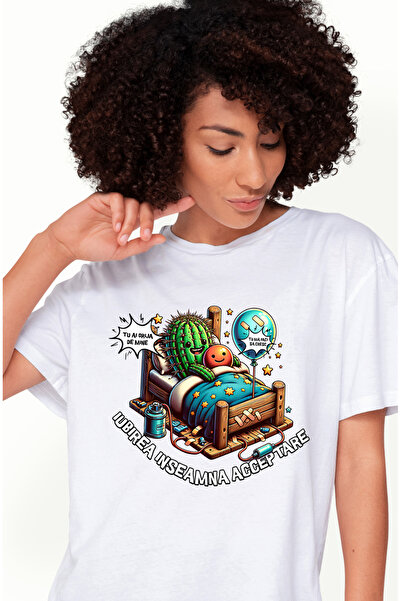 StoryGift Romania Tricou Femei Cuplu In Pat Cactus Si Balon Acceptare Defecte Cu Imprimeu Pe Fata, Wht_l