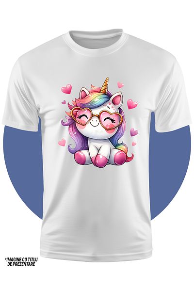 StoryGift Romania Tricou Copii Cu Un Unicorn Foarte Bucuros, Ilustratie, Imbujorata, Ochelari, Inimioare, Af