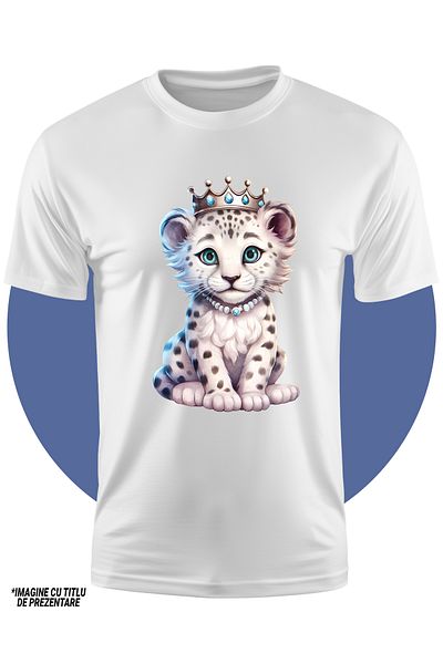 StoryGift Romania Kids T-shirt with a white tiger cub wearing a royal silver crown, serious, a little bit surp