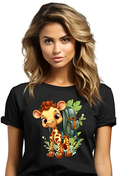 StoryGift Romania Tricou Femei Cu O Girafa Exploratoare, Ilustratie, Natura, Ghiozdan, Echipata, F Blk_l